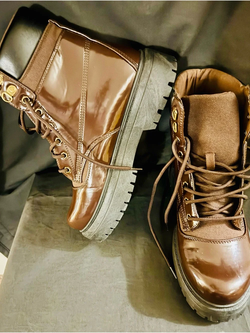 ASOS Brown Lace-Up Chunky Patent Toe Boots